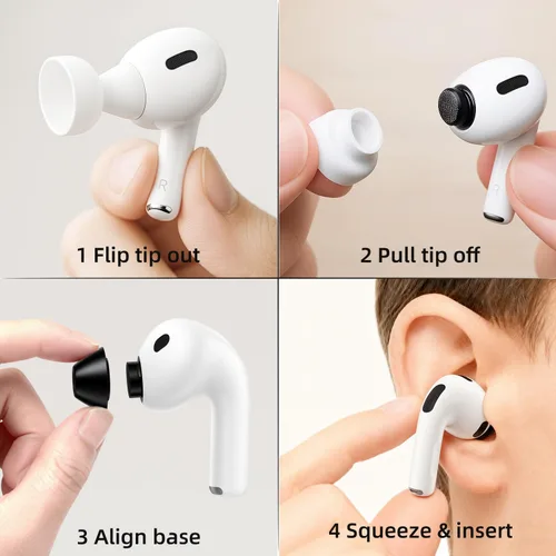 Miniatura 6 de Lanwow Almohadillas de espuma viscoelástica para AirPods Pro 3 2025, 4 pares, paquete variado XS, S, M, L, ajuste seguro, color negro