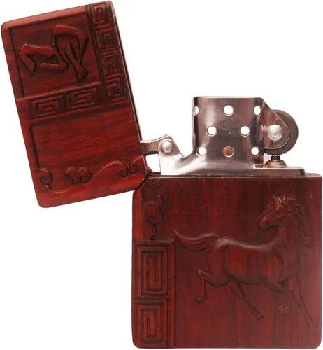 Miniatura 5 de Caja de carcasa de madera natural tallada en palisandro Huanghuali para módulo Zippo (Zodíaco Caballo)