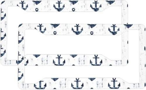 2 Pcs Car License Plate Frames for Women Men - Vintage Ship Anchor Print Solid Aluminum License Plate Cover for Car Accessories for Women Men with