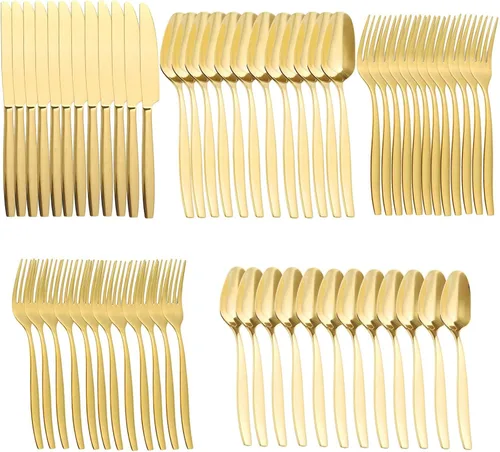 Miniatura 14 de Juego de cubiertos dorados de 20 piezas, cubiertos de acero inoxidable para 4, incluye cuchillo de carne, tenedor y cuchara, apto para lavavajillas