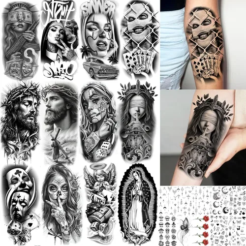 Miniatura 17 de COKTAK 64 hojas grandes de tatuajes temporales de brazo negro para hombres, antebrazo, mujeres, muslo, media manga, animales, león, tigre, lobo