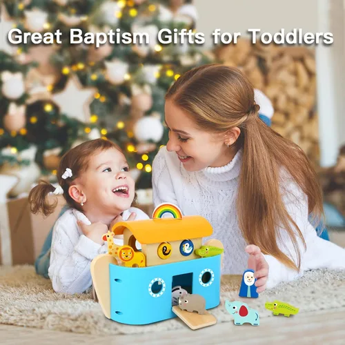 Miniatura 4 de TOOKYLAND - Juguetes del Arca de Noé para niños pequeños, juguetes clasificadores de forma de animales de madera, regalos de bautismo para niños