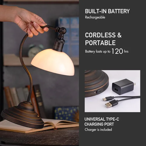 Miniatura 3 de O'Bright Bankers - Lámpara de mesa LED inalámbrica, funciona con batería, recargable, atenuación de 3 niveles, carga universal USB-C, cabezal