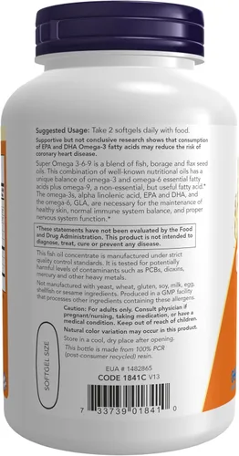 Miniatura 3 de NOW Suplementos, Super Omega 3-6-9 1200 mg con una mezcla de aceites de pescado, borraja y semillas de lino, 180 cápsulas blandas