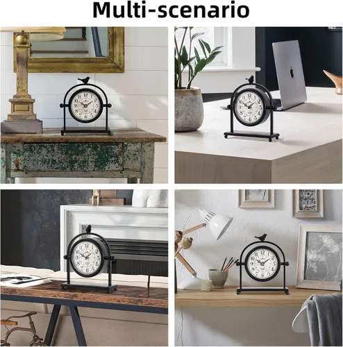 Miniatura 7 de Reloj de mesa silencioso a pilas de metal negro analógico con pájaro, pequeño reloj de mesa para decoración de granja, estante de chimenea, hogar