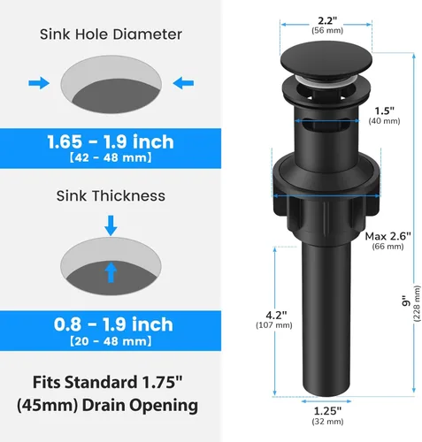 Miniatura 3 de Drenaje de lavabo de baño con desbordamiento, tapón universal para lavabo de baño, drenaje de plástico de drenaje rápido con colador 2 x negro mate