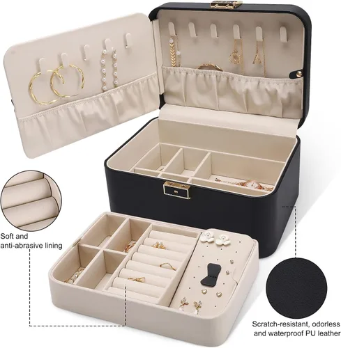 Miniatura 2 de KAMIER Organizador de joyas, caja de joyería de piel sintética de 2 capas, gran capacidad, doble cerradura y espejo grande, ganchos ocultos