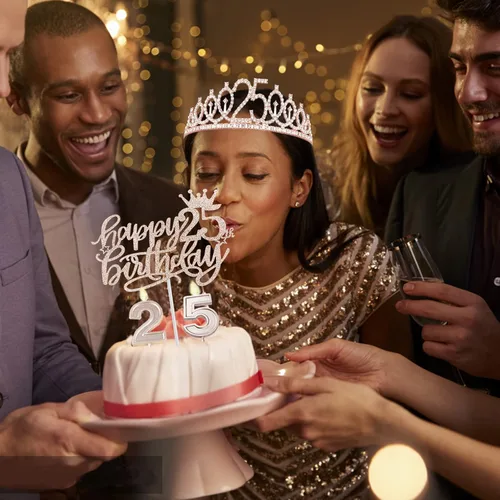 Miniatura 7 de Decoraciones de cumpleaños de 25 años para niñas; banda, corona/tiara, velas y adorno para pastel de cumpleaños de 25 años; regalos y decoraciones