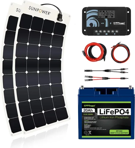Miniatura 12 de ExpertPower Kit de energía solar de 100 W y 12 V Batería de litio LiFePO4 de 12 V 20 Ah Panel solar flexible de 100 W, controlador de carga