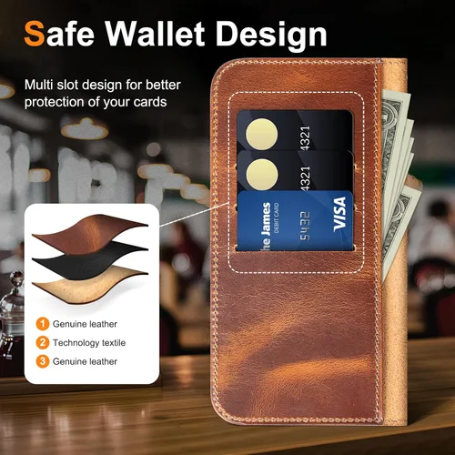 Miniatura 4 de Funda de cuero compatible con iPhone 16 Pro Wallet de 6.3 pulgadas, protección completa de piel auténtica a prueba de golpes, funda abatible