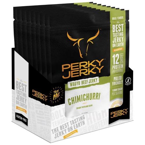 Perky Jerky Wagyu Carne de res, Chimichurri, 2.2 onzas (paquete de 8) – 200 mg de sodio – 0.42 oz de proteína por porción – Bajo en grasa – 100% de