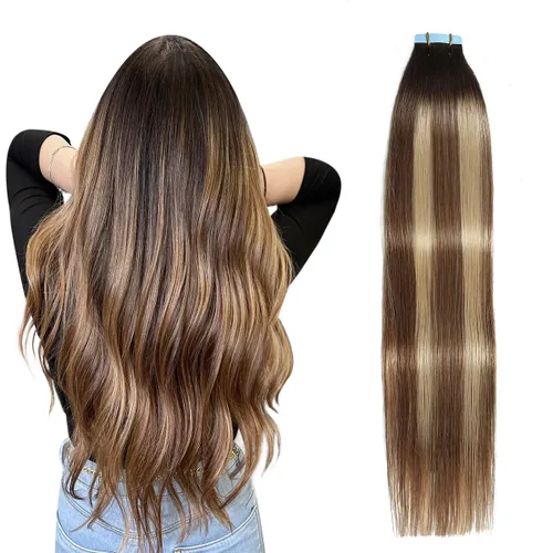 Miniatura 27 de SUYYA - Extensiones de cabello adhesivas de color borgoña; cabello humano 100 % real; extensiones de cabello adhesivas, invisibles, lacias y sin
