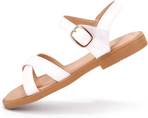 Miniatura 4 de PANDANINJIA Elva - Sandalias para niñas con puntera abierta, bonitas, planas, sandalias de vestir con tiras cruzadas, zapatos de verano para niños