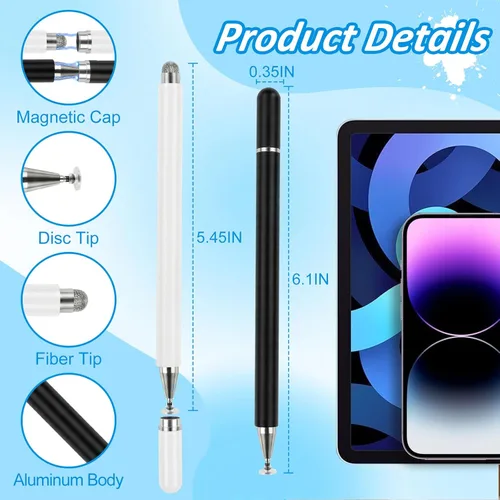 Miniatura 3 de Lápiz óptico para pantallas táctiles (2 unidades), disco magnético 2 en 1 y punta de fibra para iPad con tapa magnética, compatible con todas