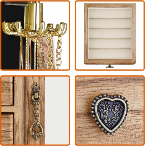Miniatura 5 de RR ROUND RICH DESIGN Joyero de madera maciza para maquillaje y organizador de anillos para mujer, con 4 cajones integrados, carrusel de collar