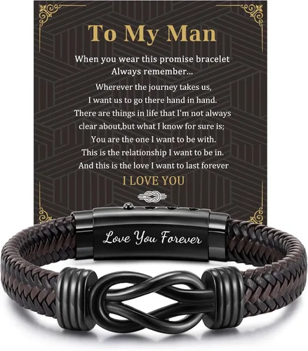 Miniatura 13 de MEALGUET Men's Bracelets Gifts for Men - Brown Braided Leather Infinity Knot Bracelets Engraved Love Massage for Son Man Husband Boyfriend, Mens