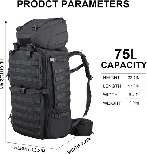 Miniatura 2 de Zsearaymy - Mochila de senderismo MOLLE de 75L con marco interno y cubierta de lluvia para táctica, camping, mochilero, viajes de supervivencia Negro