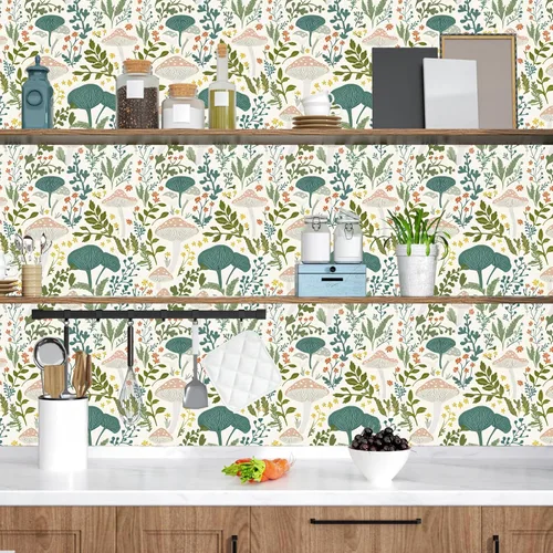Miniatura 2 de Papel tapiz floral de hongos rosados para despegar y pegar, papel de contacto bohemio con hojas verdes claras, acuarela, colorido mural de pared