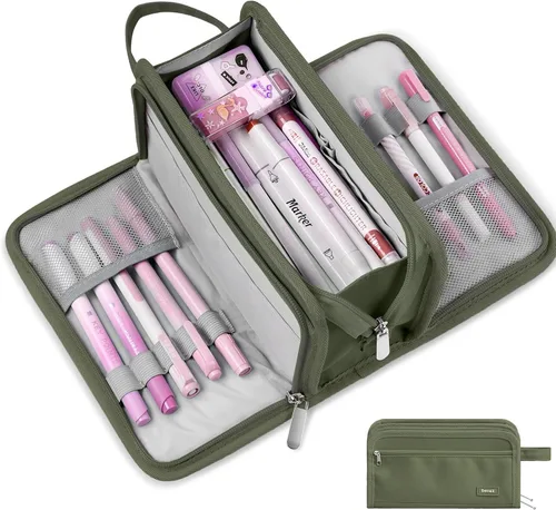 Sooez Estuche grande para lápices, bolsa para lápices de gran capacidad con 3 compartimentos, organizador portátil de artículos de papelería de lona