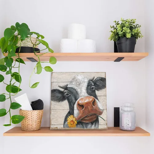 Miniatura 2 de Cuadros rústicos de vaca para decoración de pared: lienzo de vaca de granja, arte de pared, vaca de granja con girasol en panel de madera, póster