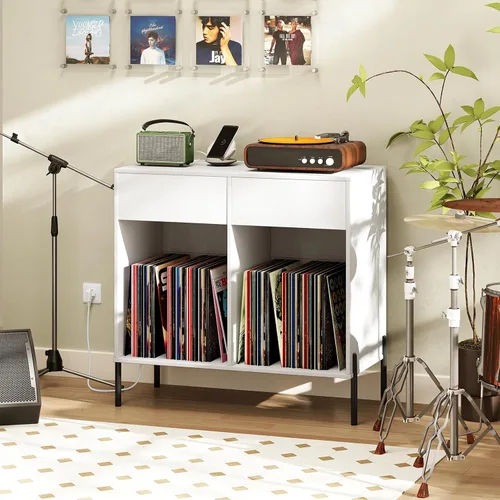 Miniatura 10 de Giantex Soporte grande para tocadiscos con estación de carga, soporte giratorio de madera de mediados de siglo con 2 cajones de almacenamiento