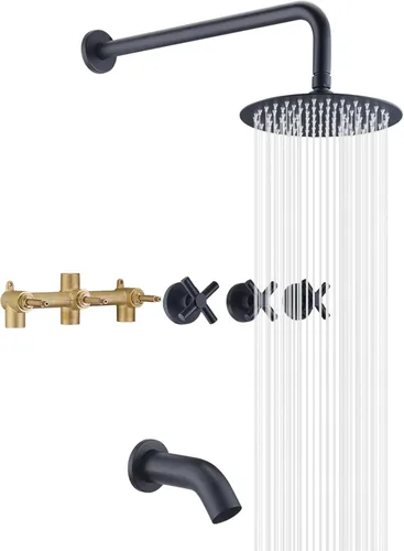 Grifo de bañera y ducha de 3 manijas, juego de grifería de bañera negro mate con caño de cascada para bañera, kit de molduras de bañera y ducha con
