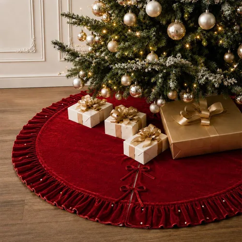 Miniatura 16 de Faldones de Felpa para Árbol de Navidad, 24 pulgadas, Lujosa Cubierta de Base de Árbol de Navidad de Piel Sintética Negra con Copos de Nieve Dorados