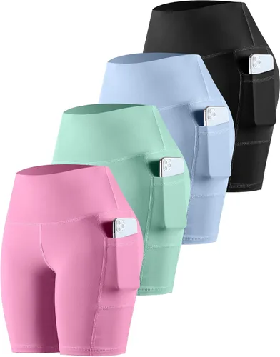 Miniatura 7 de CHRLEISURE - Pantalones cortos de ciclismo para mujer con bolsillos de licra, cintura alta, con control de abdomen para entrenamiento, yoga