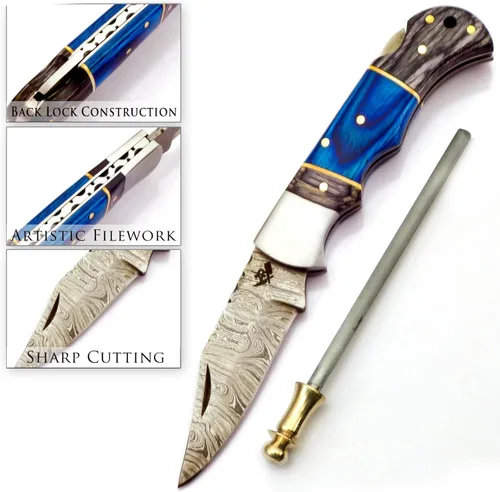 Miniatura 5 de AR Damascus - Cuchillo plegable de bolsillo hecho a mano para supervivencia al aire libre, hecho de mango de madera y acero de Damasco, junto