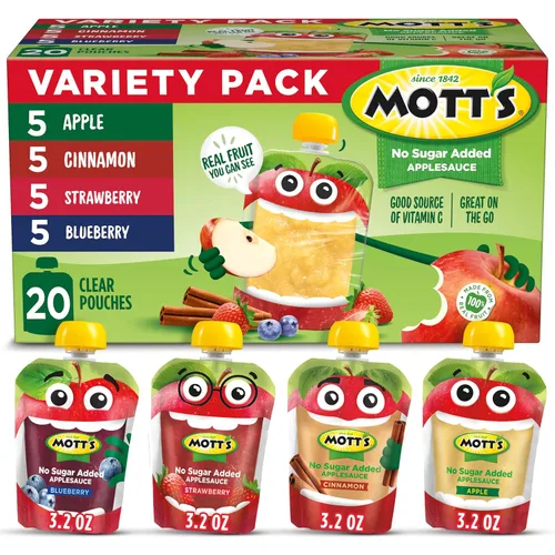 Miniatura 24 de Mott's Puré de manzana sin azúcar añadido, hecho de fruta real, sin sabores artificiales, bolsas transparentes de 3.2 onzas, paquete de 20