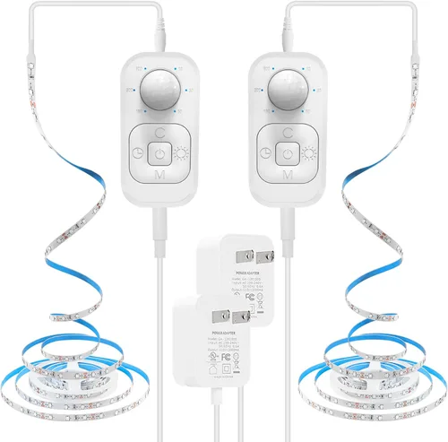 Luces con sensor de movimiento para debajo del gabinete: tira de luces LED enchufables para interiores con adaptador aprobado por UL FCC, atenuador