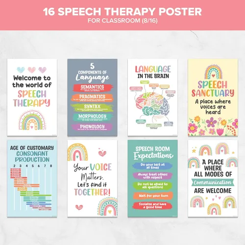 Miniatura 6 de Decorably 16 carteles de terapia del habla para aula, 11 x 17 pulgadas, decoración escolar educativa laminada mate – pasillos, tablones de anuncios
