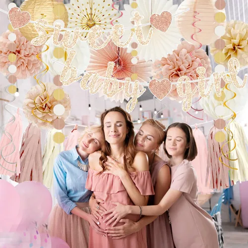 Miniatura 4 de Conjunto de decoraciones para baby shower de otoño en tonos champán-dorado y beige - Dulce cartel de Baby Girl, linternas de papel blanco