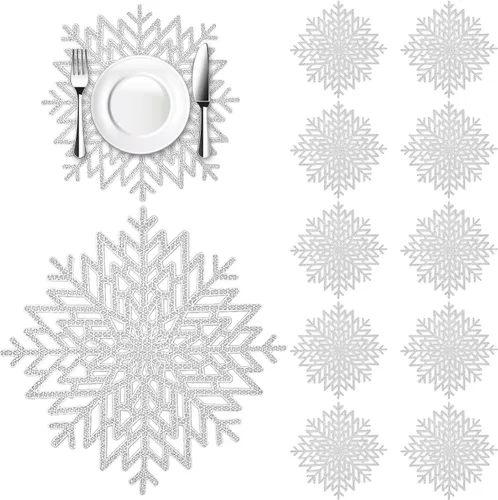 Miniatura 12 de Juegos de manteles individuales de copo de nieve de 12, manteles de mesa dorados calados resistentes al calor para Navidad, Acción de Gracias, bodas