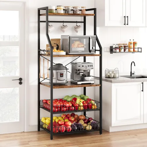 Miniatura 9 de IDEALHOUSE Estante para hornear de cocina, soporte para horno de microondas con 2 cestas grandes de alambre, estación de barra de café industrial