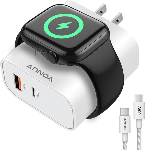 Adaptador 3 en 1 para Apple Watch, bloque de carga rápida USB C de 20W con puertos duales y adaptador inalámbrico magnético, enchufe de pared