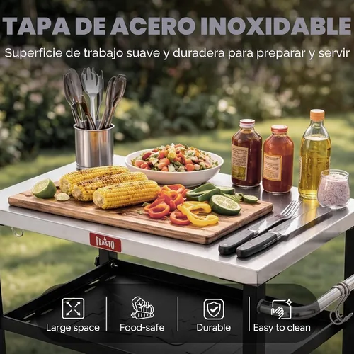Miniatura 4 de Feasto Mesa de parrilla de 3 estantes, soporte para horno de pizza con estante, carrito de parrilla para horno de pizza móvil, parrilla