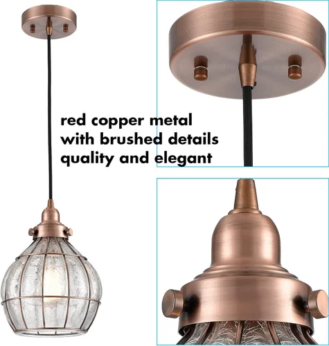 Miniatura 9 de Lámpara colgante para el techo YOBO Lighting, clásica, de alambre rústico y cristal resquebrajado, rojo antiguo cobrizo