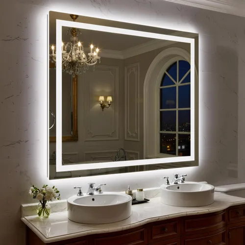 Miniatura 32 de Espejo de baño LED de 24 x 32 pulgadas con luces, espejo de tocador de baño con marco negro con luz frontal + retroiluminación para pared, vidrio