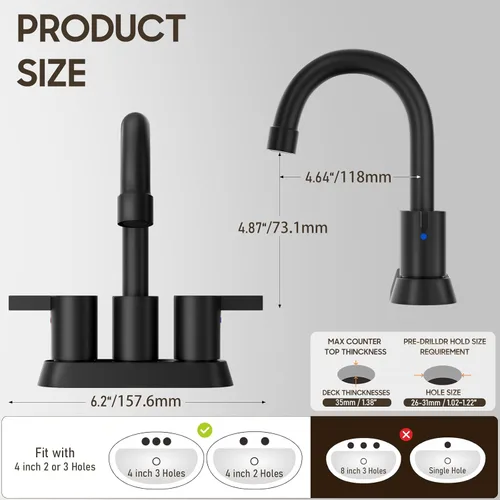 Miniatura 7 de Phiestina - Grifo de baño moderno de 4 pulgadas / 10.16 cm. con 2 asas, grifo de baño de centro, negro mate, sin plomo, grifo de baño moderno