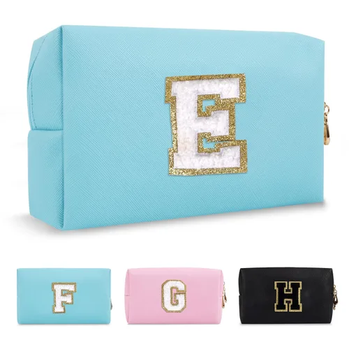 Miniatura 157 de Pequeña bolsa de maquillaje personalizada con inicial A-Z Preppy Patch, bolsa de cosméticos de viaje de felpilla blanca con cremallera, bonita bolsa