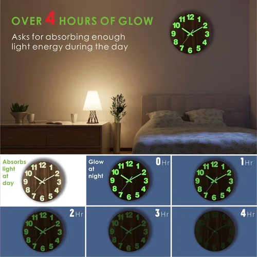 Miniatura 4 de Plumeet Reloj de pared con luz nocturna, reloj de madera de 10 pulgadas que brilla en la oscuridad para dormitorio, pequeño reloj de pared iluminado