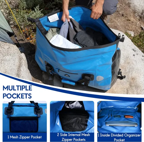 Miniatura 4 de Haimont Bolsa de lona impermeable con correas de fijación rápida para motociclismo, rafting, canotaje, SUP, kayak, viajes, 50L/70L Azul