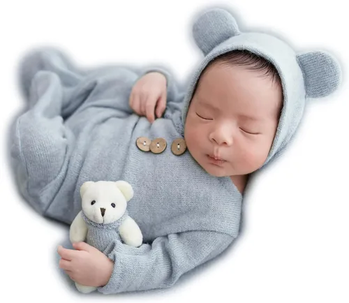 Zeroest Traje de fotografía para recién nacido, accesorios para sesión de fotos de bebé, accesorios de oso para fotos de bebé recién nacido, Azul