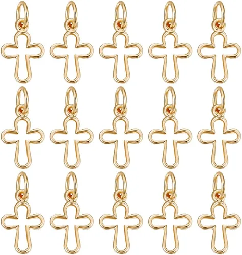 Beebeecraft 1 caja de 30 dijes de cruz chapados en oro de 18 quilates con anillo de salto para hacer joyas, collares, pulseras, manualidades, tamaño