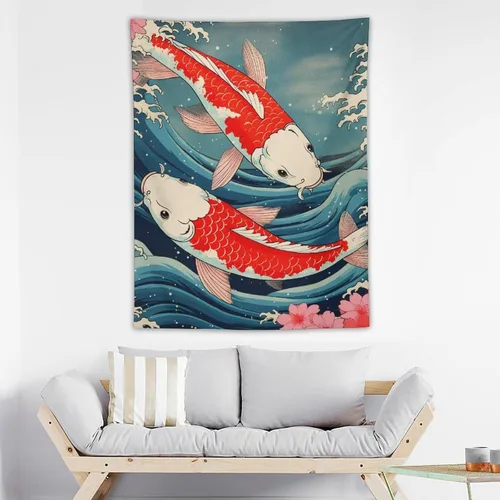 Miniatura 3 de QEOPGNE Tapiz de pared grande con diseño de pez Koi, grandes olas japonesas, flores de cerezo, banderas retro para habitación, sala de estar