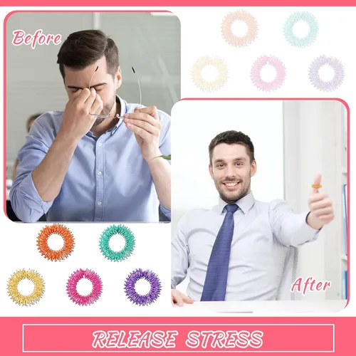 Miniatura 5 de Blulu Juego de 50 anillos de acupresión para aliviar la ansiedad, con pinchos, para adolescentes, adultos, reductor de estrés silencioso y amarillo