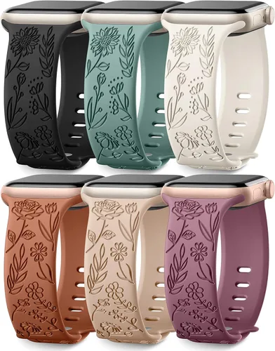 SNBLK Paquete de 6 correas florales grabadas compatibles con Apple Watch de 40mm 41mm 42mm 38mm 44mm 45mm 46mm 49mm, mujeres y hombres, correa de