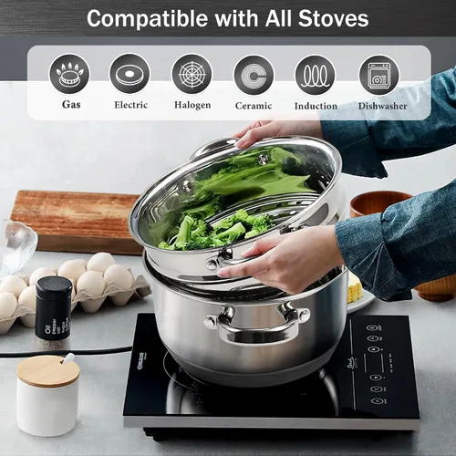 Miniatura 5 de AuFranc® olla de 4 cuartos de acero inoxidable 18/10 de tres capas con tapa de vidrio templado y vaporera, olla a vapor multiusos compatible