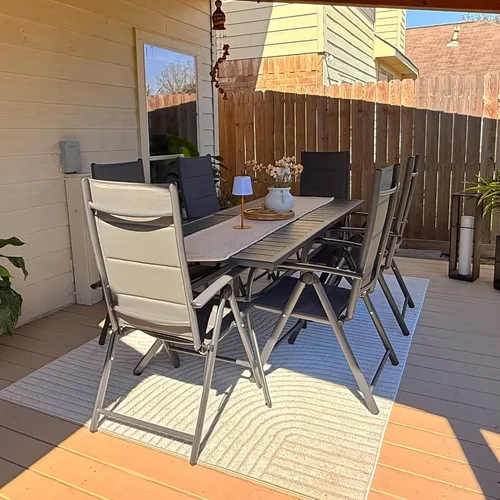 Miniatura 11 de PURPLE LEAF Juego de comedor al aire libre para 6 mesas plegables de patio con mesa rectangular de aluminio y sillas acolchadas para todo